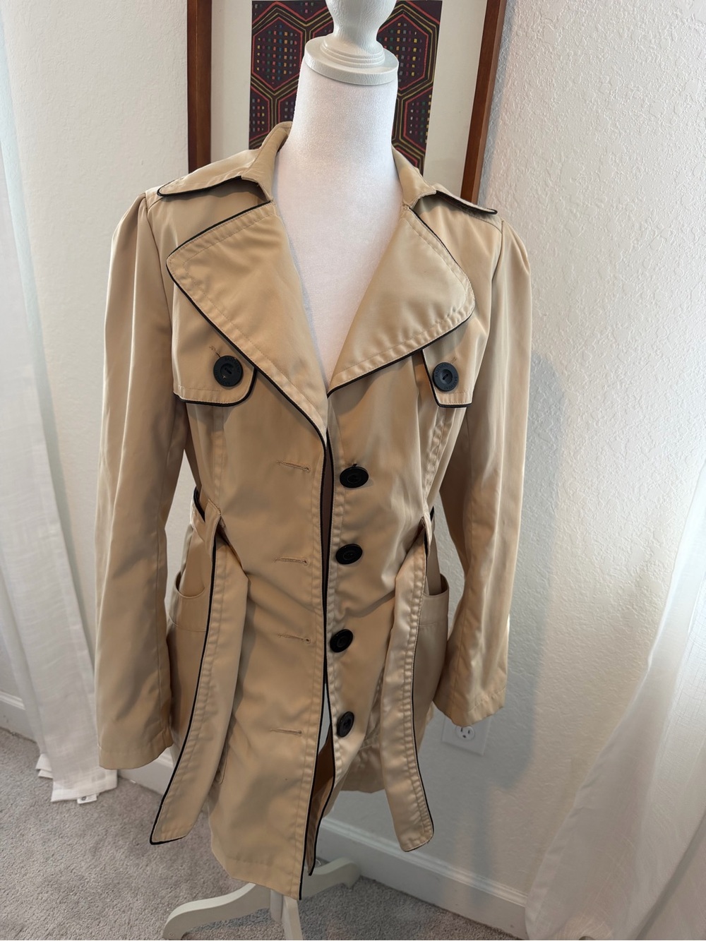 Classic Beige Trench Coat with Black Trim
